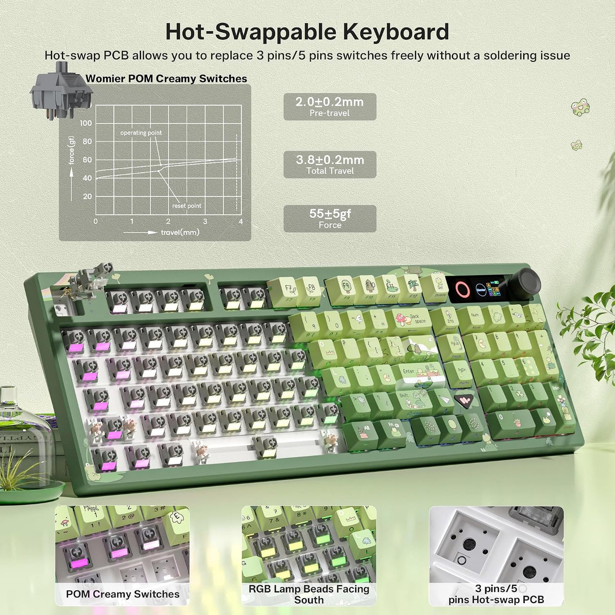 Womier Mechanical Keyboard Wireless with Screen, Frog Thocky Keyboard-L98
