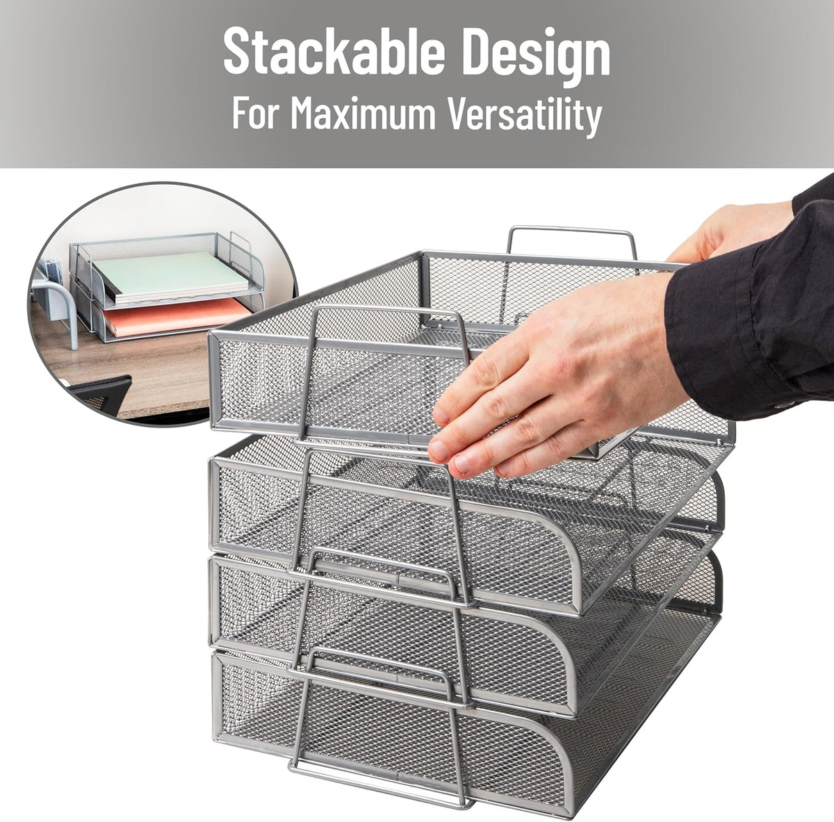 Mind Reader Stackable Paper Tray, Desktop Organizer, File Storage, Office, Metal Mesh, 4 Pcs., Silver