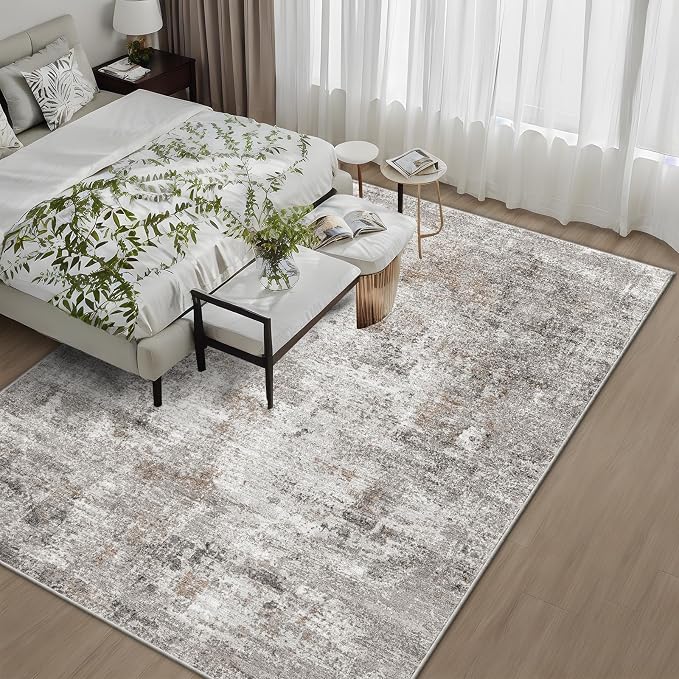 8x10 Washable Living Room Rug – Modern Neutral Abstract Soft Large Area Rug