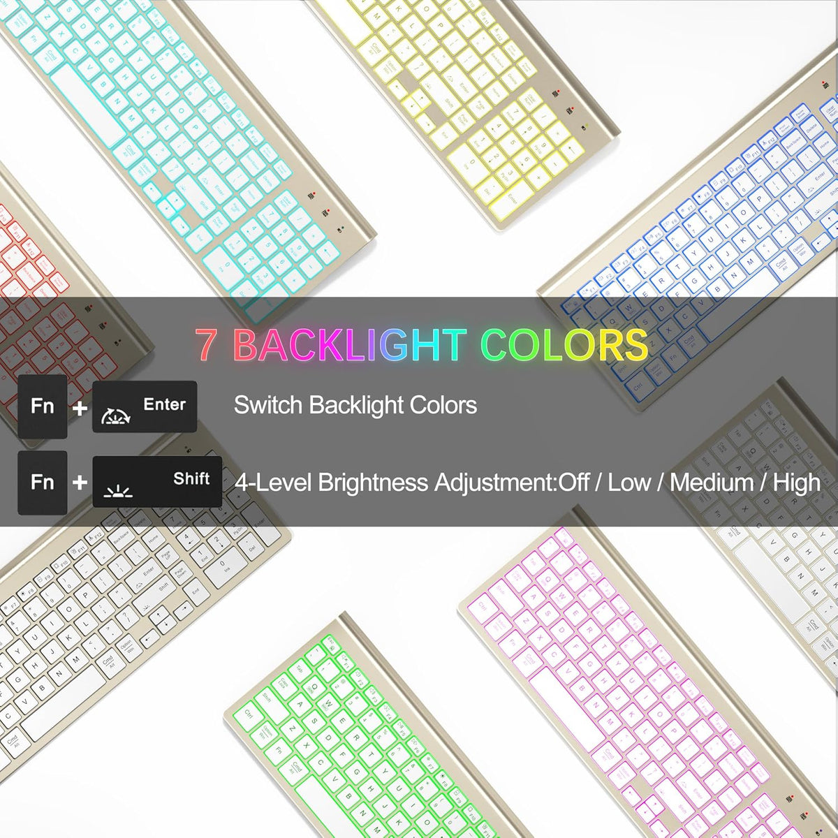 Wireless Backlit Keyboard and Mouse Ultra Slim Combo, TopMate - Gold White