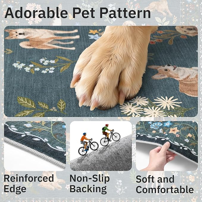 Soalmost Dog 8x10 Area Rugs for Living Room, Machine Washable Animal Floral