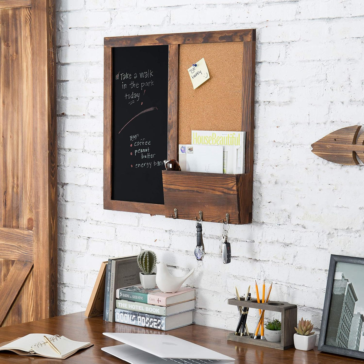 MyGift Rustic Dark Brown Wood Wall-Mounted Chalkboard with Cork Board, Mail Sorter, & Key Hooks