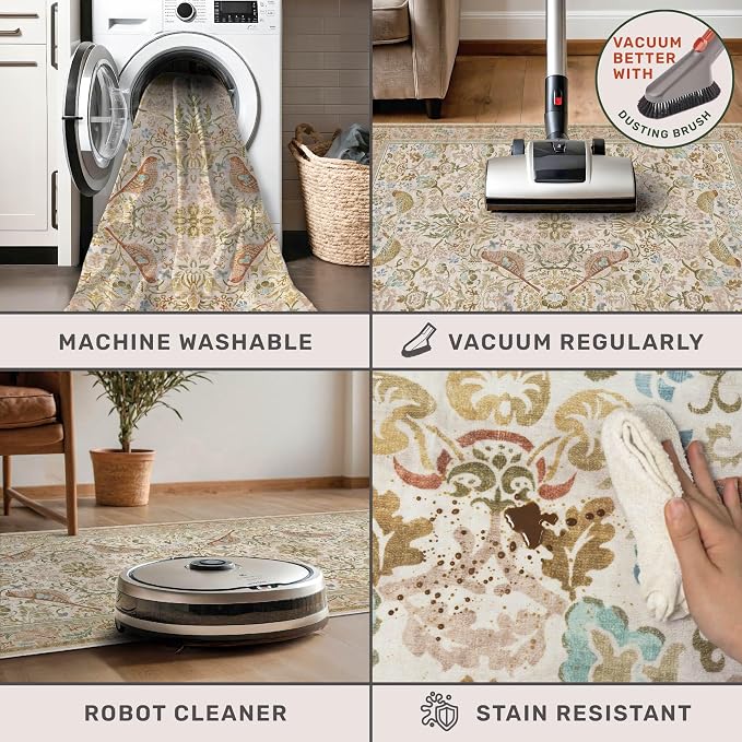 Beige Boho Bathroom Rugs 2x3 Washable Non Slip