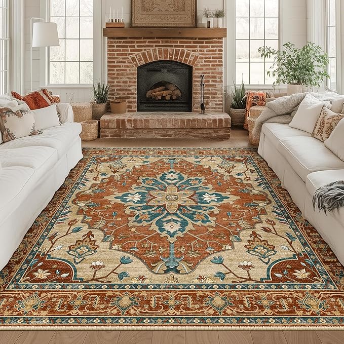 RELEANY Area Rugs Square 8ft Washable Non-Slip, Floral Vintage Distress