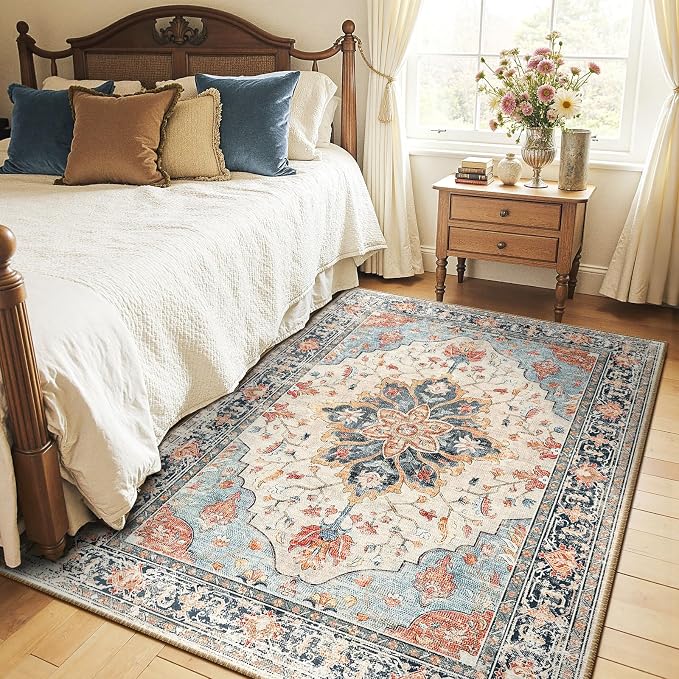 RELEANY Area Rugs 4'x5' Washable Non-Slip, Floral Vintage Distress Medallion