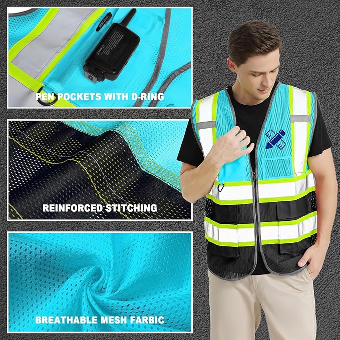 5 Pack Custom Safety Vest Customized Logo Mesh Vest Class 2 High Visibility Reflective Vest with Pockets Workwear（LightBlue Black，XXL ）