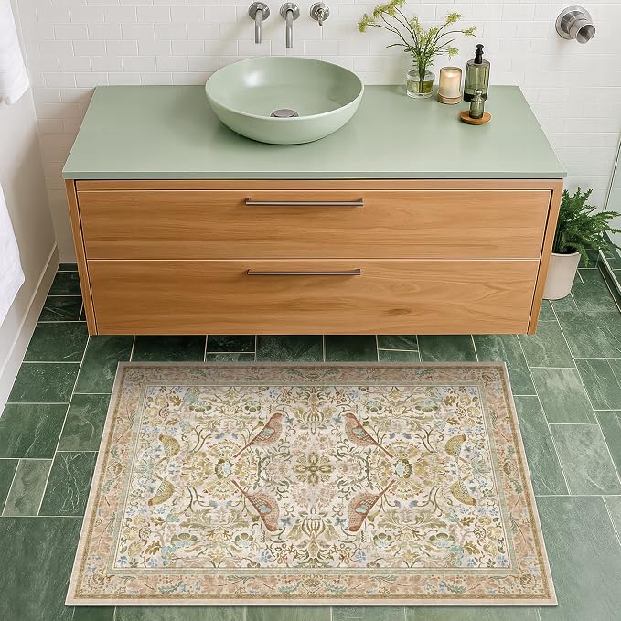 Beige Boho Bathroom Rugs 2x3 Washable Non Slip