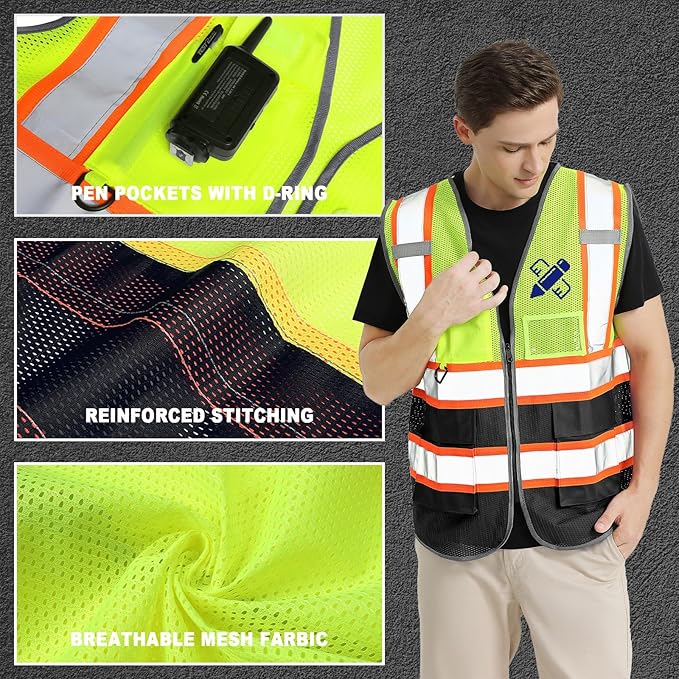 BeautyWill Custom Mesh Safety Vest Customized Logo Class2 High Visibility Reflective Vest with Pockets Construction workwear（Yellow Black，4XL ）