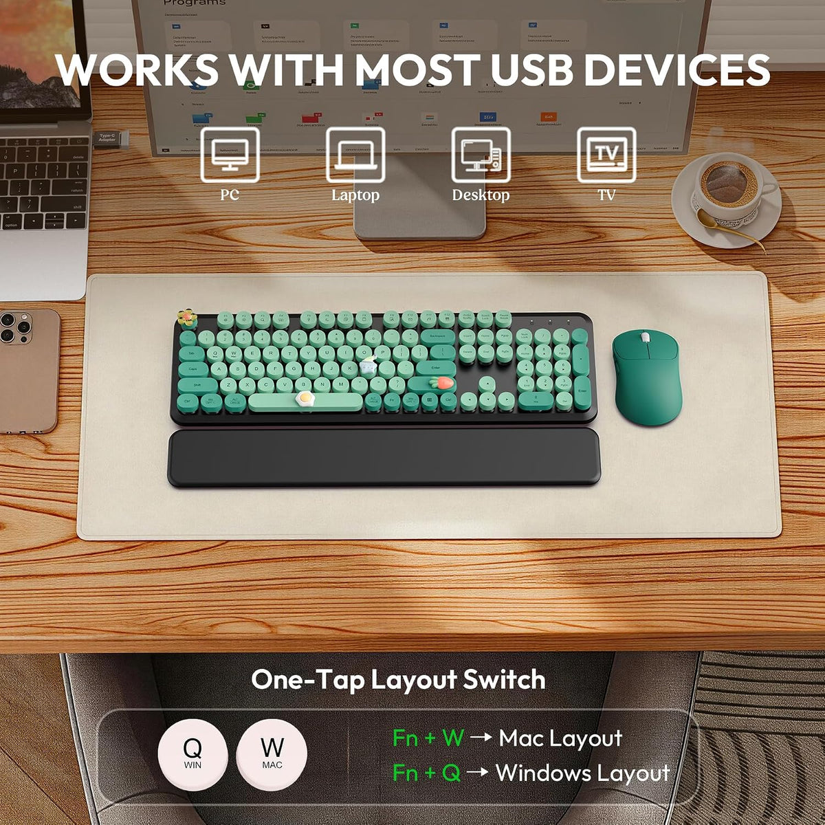 Wireless Keyboard and Mouse Combo, Cute Typewriter, Magnetic Wrist Rest