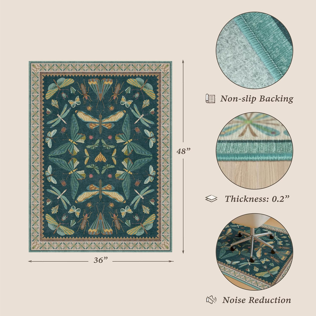 JTJ Teal Office Chair Mat for Hardwood Floor, 36" x 48" Insect Rug