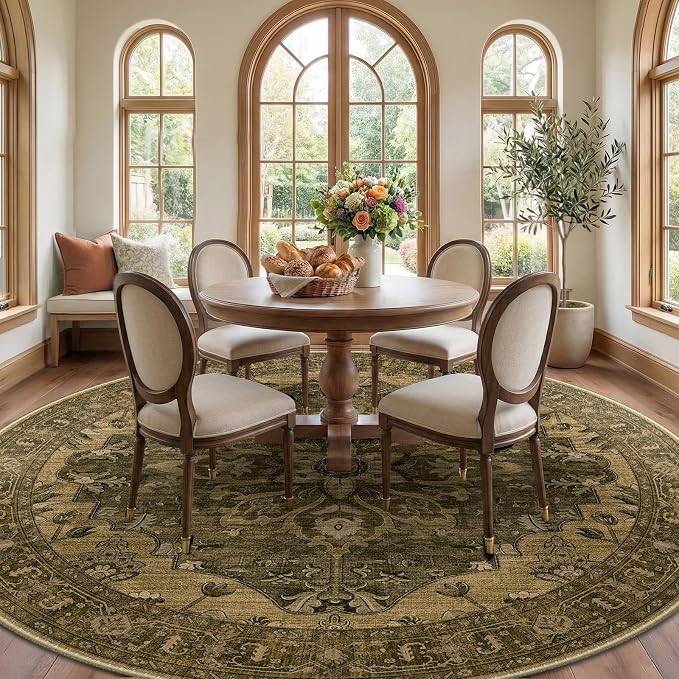 RELEANY Area Rugs Round 8ft Washable Non-Slip, Floral Vintage Distress