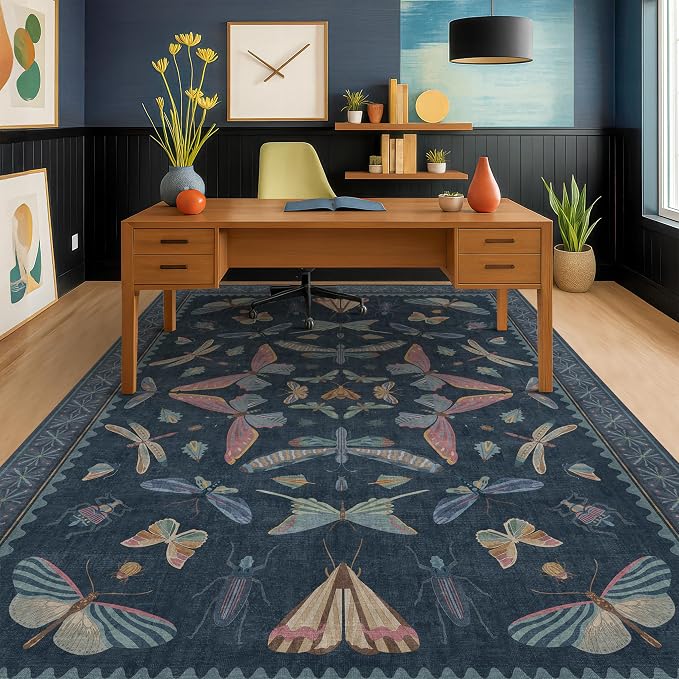 Navy Blue 6x8 Boho Rug for Living Room, Stain Resistant Non Slip Area Rug for