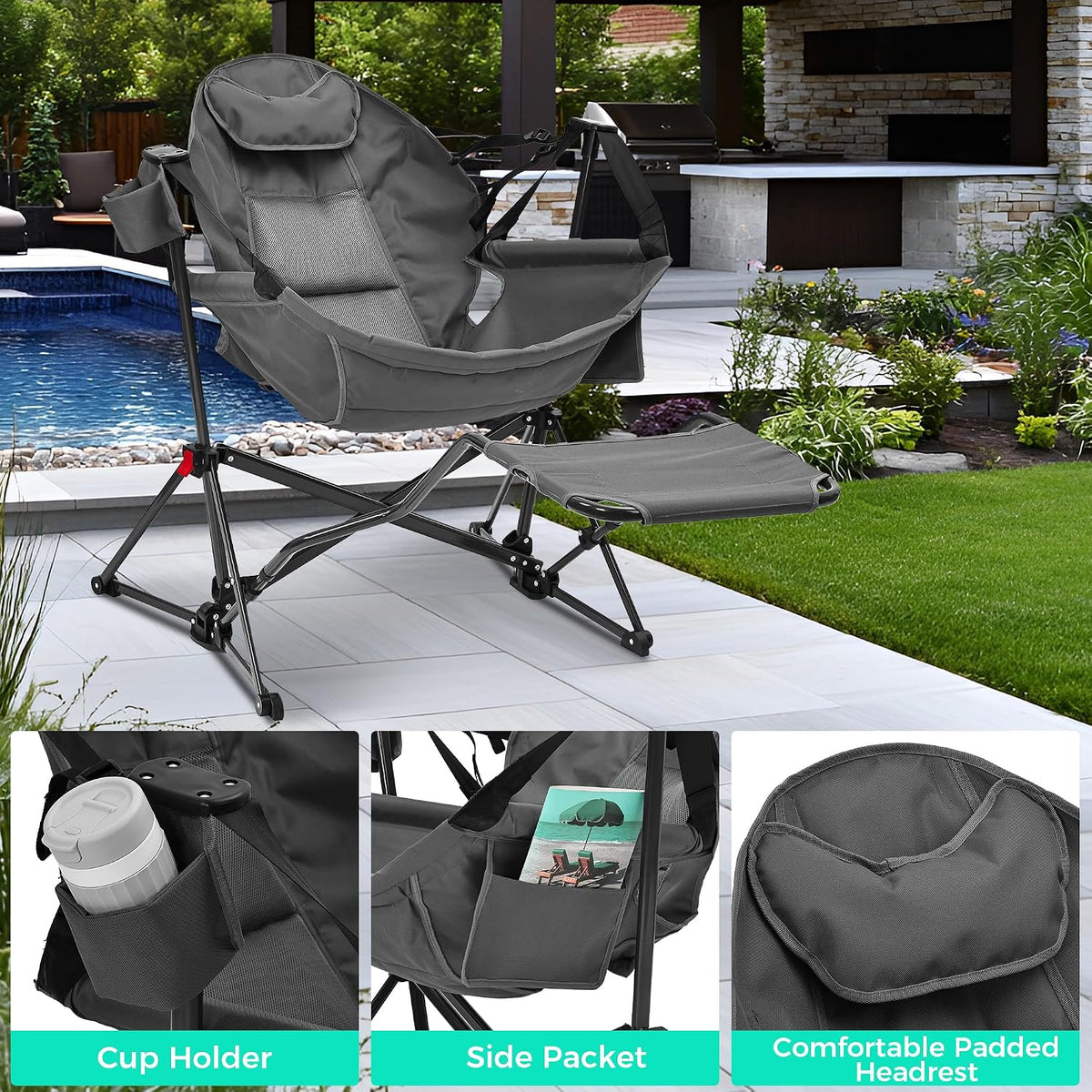 Ainfox Hammock Camping Chair with Footrest, Foldable Portable Rocking Chairs for Adults Outside Swinging Camp with Cup Holder Pillow for Outdoor Patio Poolside (Grey)