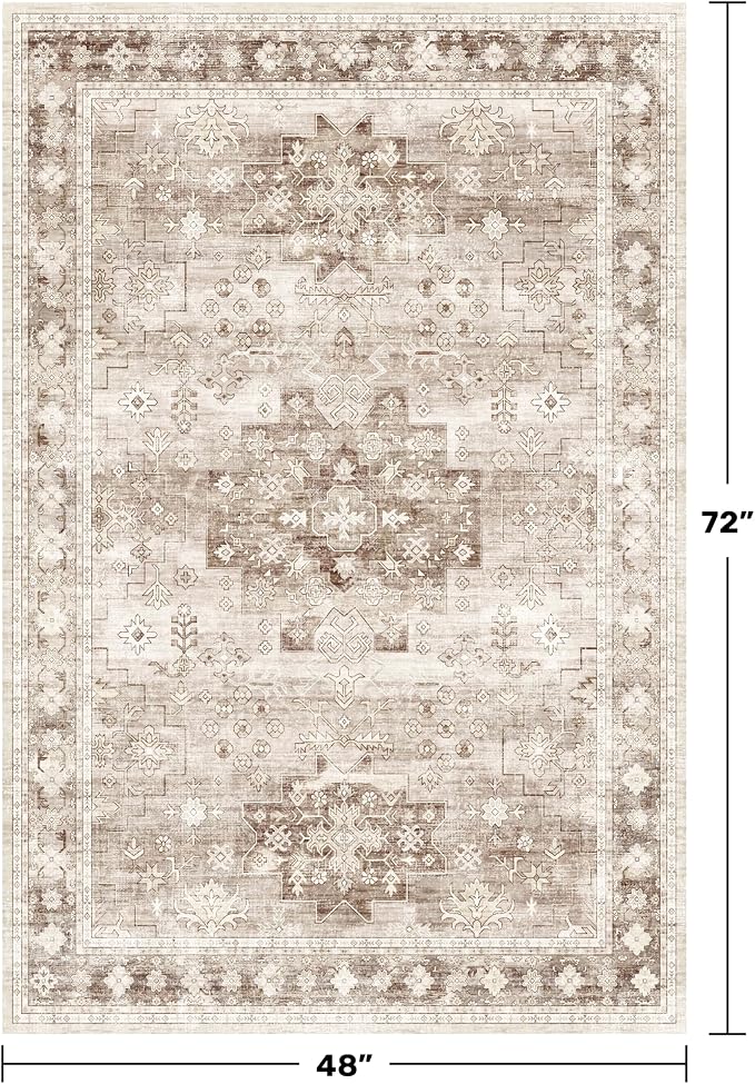 Hazo Haus Washable Neutral Farmhouse Living Room Rug, 4x6 Area Rugs