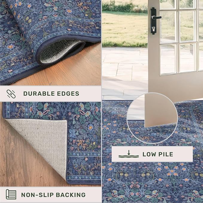 Vintage Dark Blue 3x4 Entryway Rug, Washable Small Area Rugs