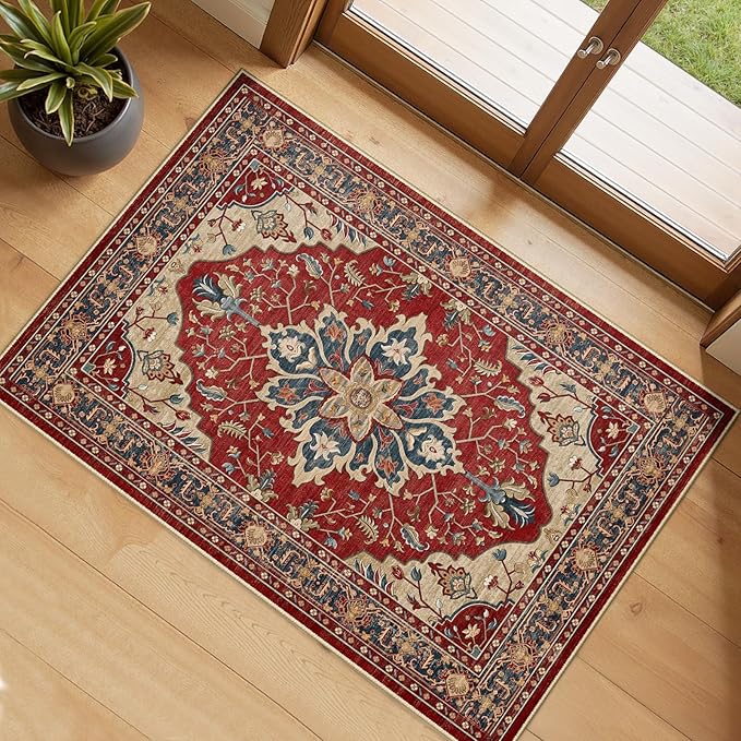 RELEANY Area Rugs Small 2'x3' Washable Non-Slip, Floral Vintage Distress