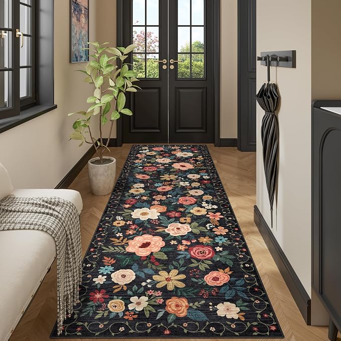 DUKINO 3x10 Runner Rug for Hallway, Washable Kitchen Floral Runner Rug