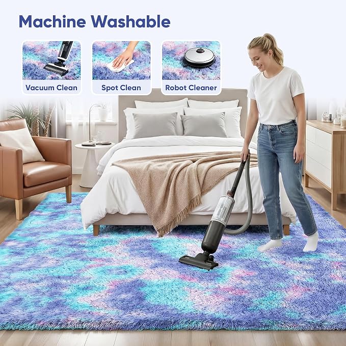Rainbow Fluffy Rugs for Girls Bedroom: 6x9 Large Shag High Pile Area Rug