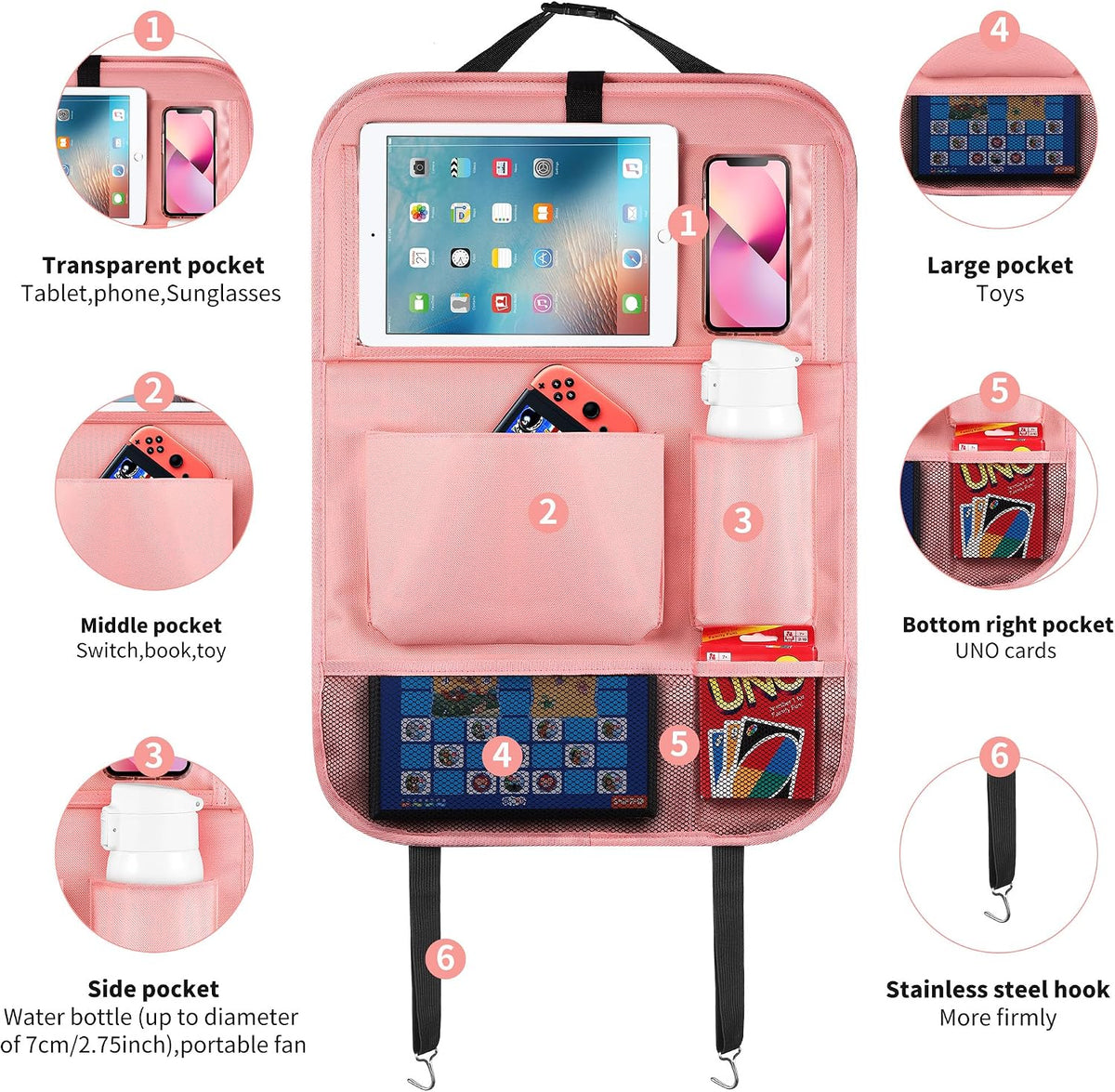 LUCMO Car Backseat Organizer with Foldable Tablet Holder, Pink