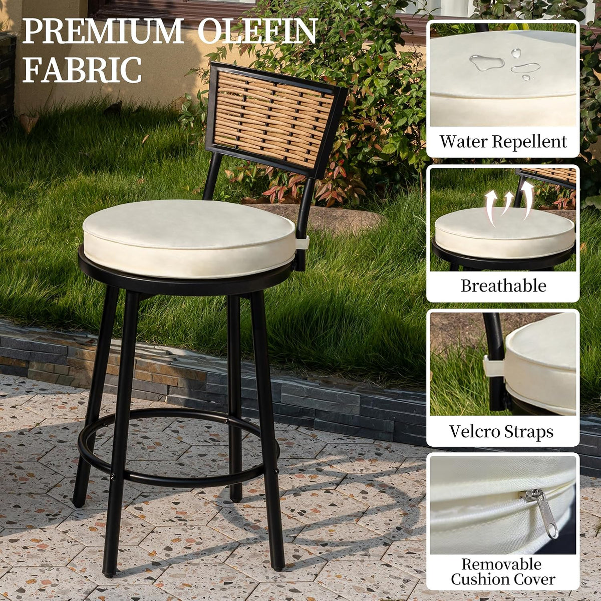 PIZZELLO Patio Swivel Bar Stools Set of 2, Outdoor Bar Height Chairs