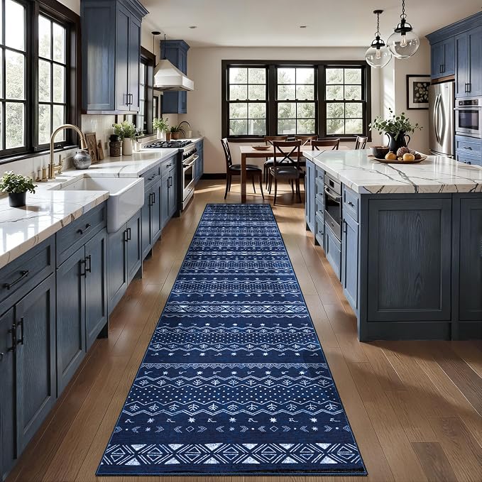 SERISSA Hallway Runner Rug, 2x10 Washable Non-Slip Blue and White Boho Rug