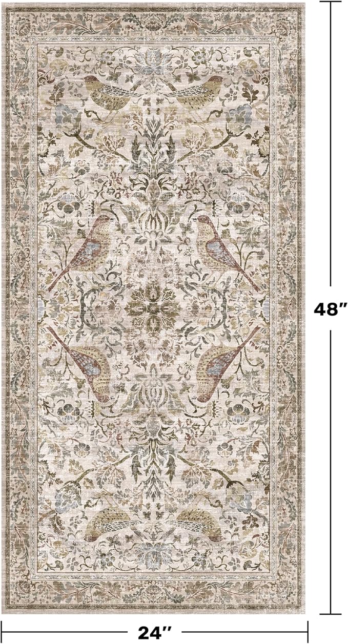 Boho Moss 2x4 Small Rugs for Entryway, Vintage Washable Low Pile & Soft Throw