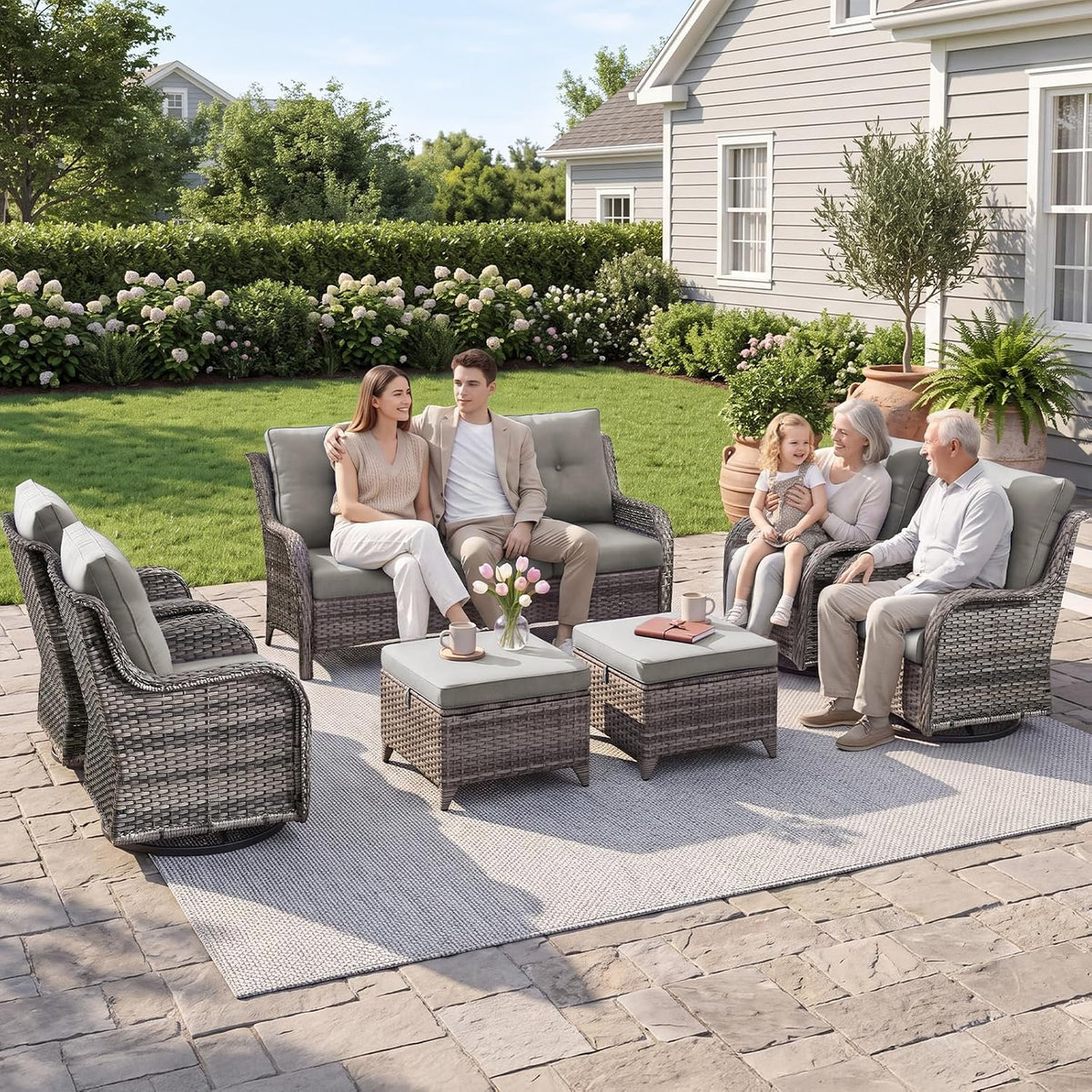 Rilyson Luxury Outdoor Wicker Patio Ottomans Set of 2, 250 lbs Capacity Rattan Large Ottomans for Patio Footrest Set 22.8in*22.8in*14in with 3.5in Thick Cushion (Mixed Grey/Grey)