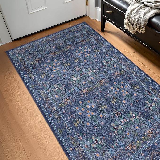 Vintage Dark Blue 3x4 Entryway Rug, Washable Small Area Rugs