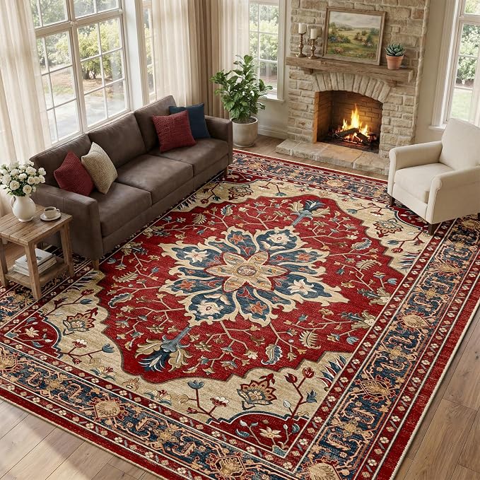 RELEANY Area Rugs Large 9'x12' Washable Non-Slip, Floral Vintage Distress