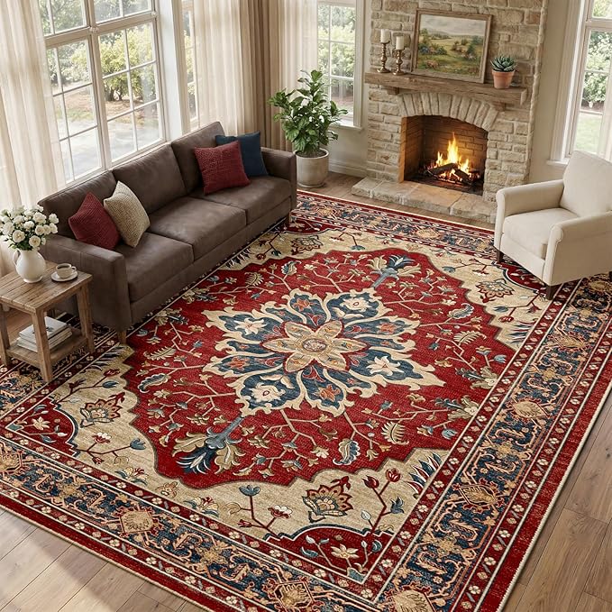 RELEANY Area Rugs Large 10'x12' Washable Non-Slip, Floral Vintage Distress