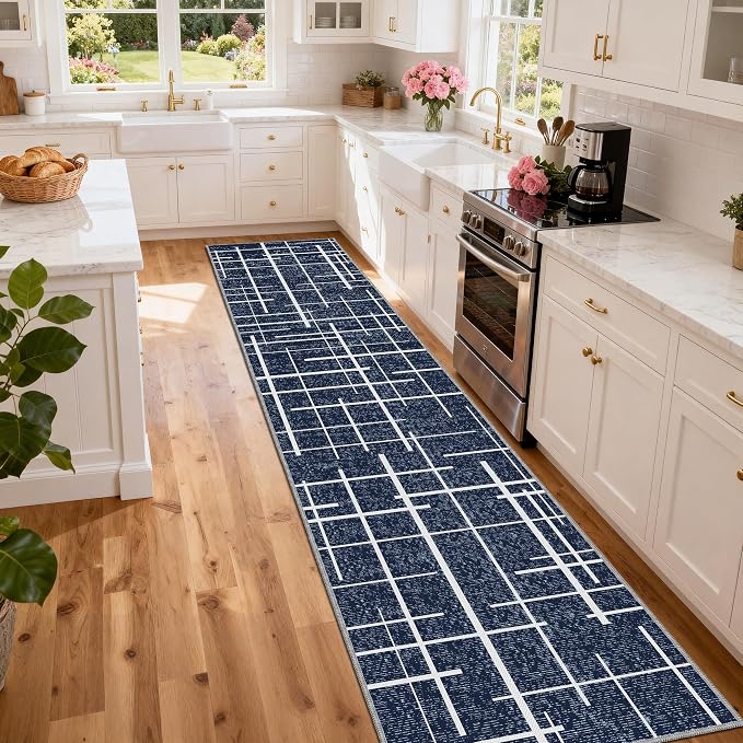 Non Slip Hallway Runner Rug 2.6x12, Modern Distressed Stripe, Washable Extra
