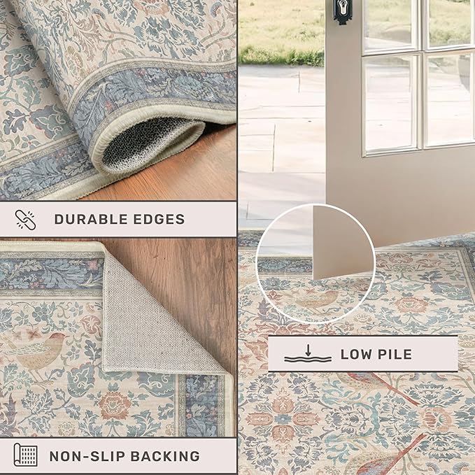 Soft Red and Blue 8x10 Living Room Rug, Oriental Non-Slip Area Rug