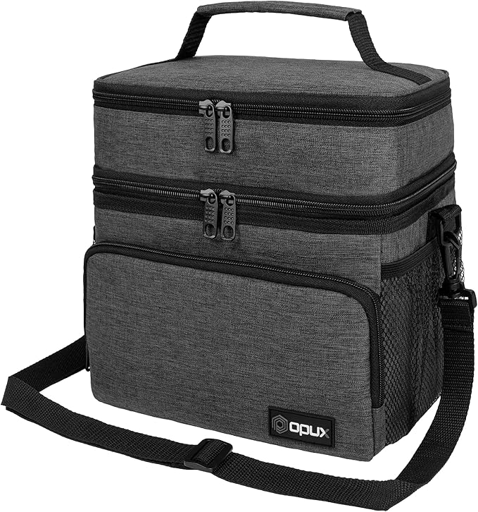 opux Insulated Lunch Bag for Men Women, Large Dual Compartment Cooler Bag, Soft Two Deck Lunch Box for Work School Picnic, Leakproof Lunch Tote with Strap for Kid Adult (Charcoal Gray, Double Deck)