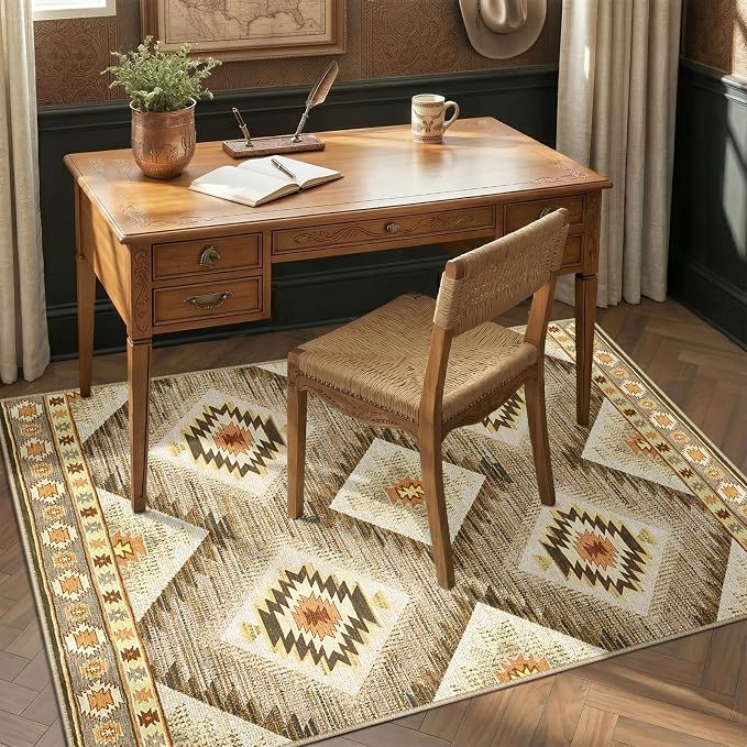 Area Rug 5x7 Rug Machine Washable Non-Slip Low Pile Print Pattern Western Rug