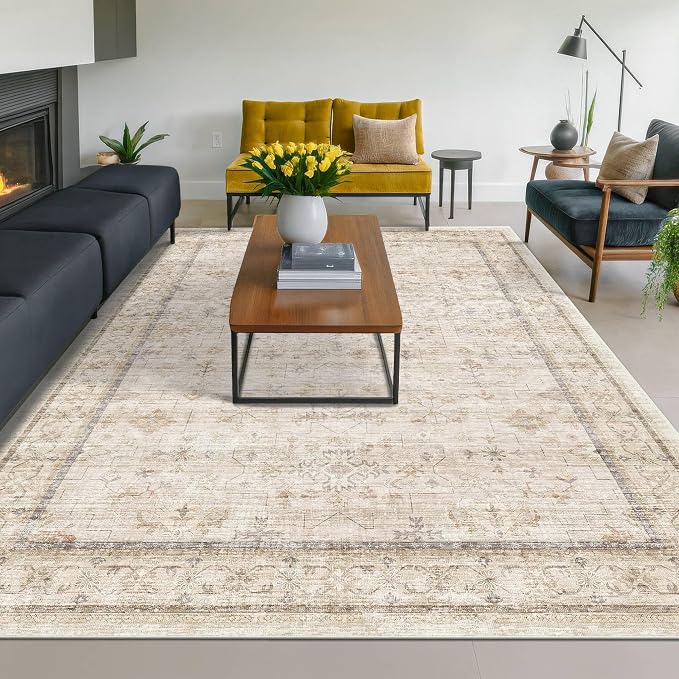 Washable Ivory 6x9 Living Room Rug, Non Slip Dinning Rugs