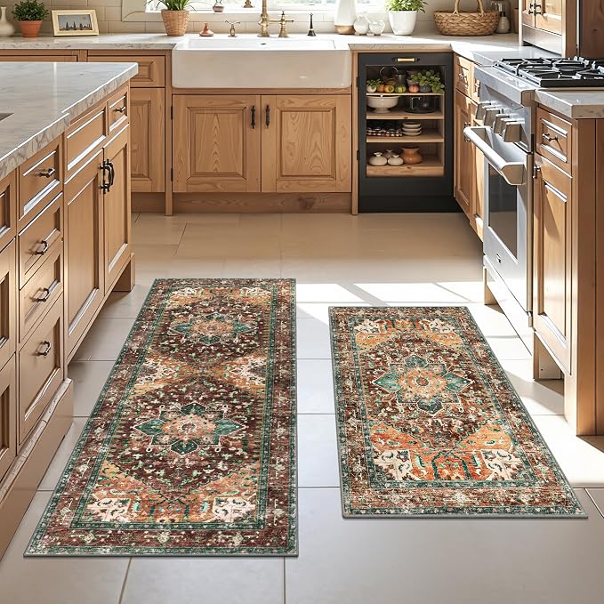 Yamaziot Washable Kitchen Runner Rug Set of 2, Non-Slip Boho Vintage Hallway
