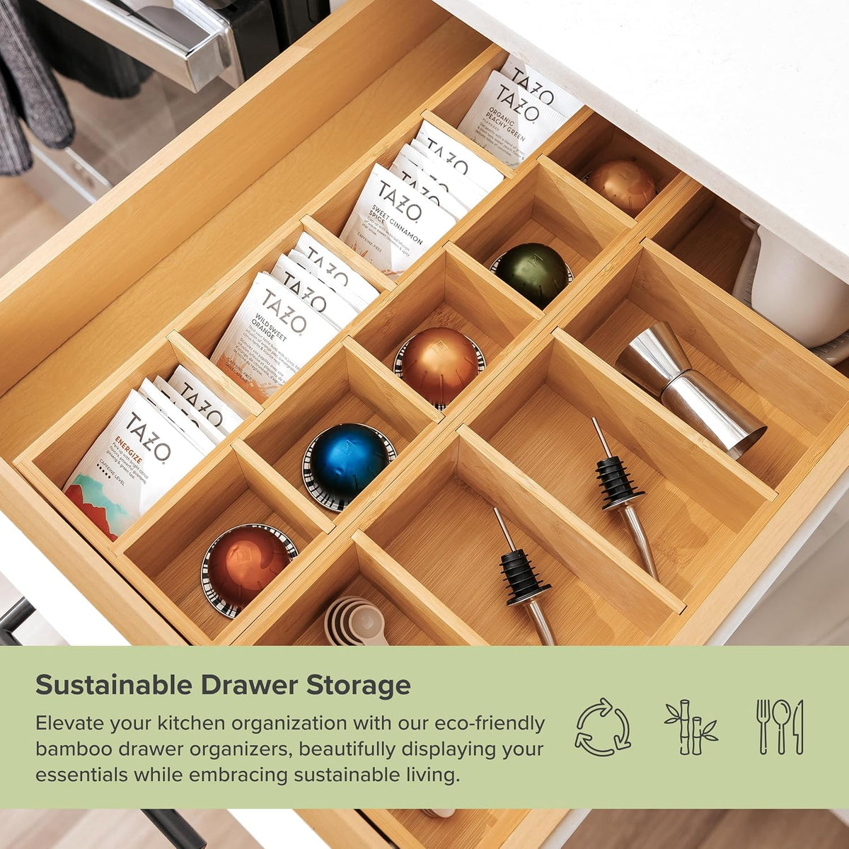 KitchenEdge Utensil & Tea Bag Drawer Organizer, Bamboo