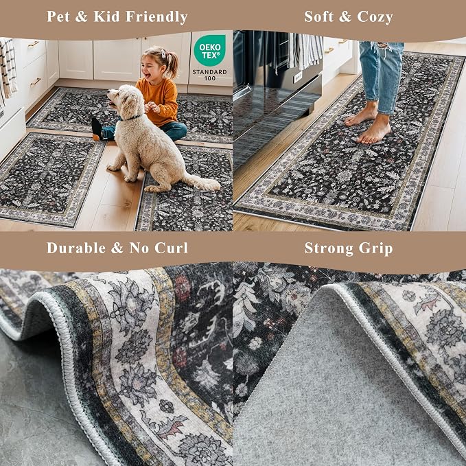 Kitchen Rug Sets 4-Piece with Runner – Washable Non-Slip Floor Mats