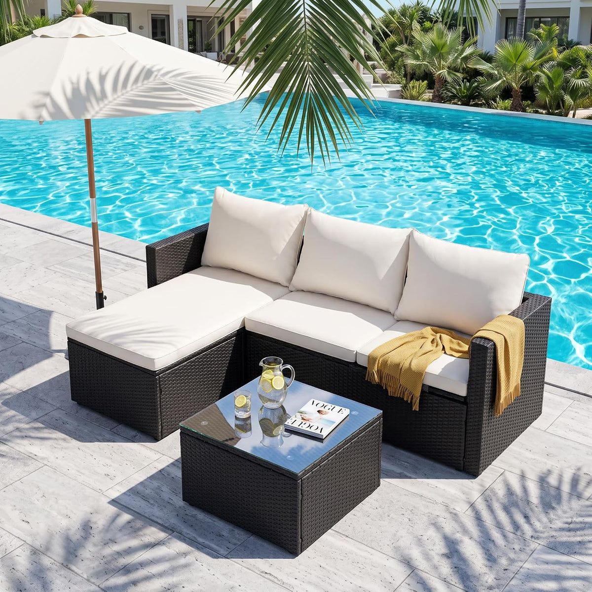 SUNLEI Patio Furniture Set with Detachable Soft Cushions, Outdoor PE Rattan Patio Conversation Sofa Set, 3-Piece Patio Sectional Sofa with Glass Coffee Table (Black Rattan&White)