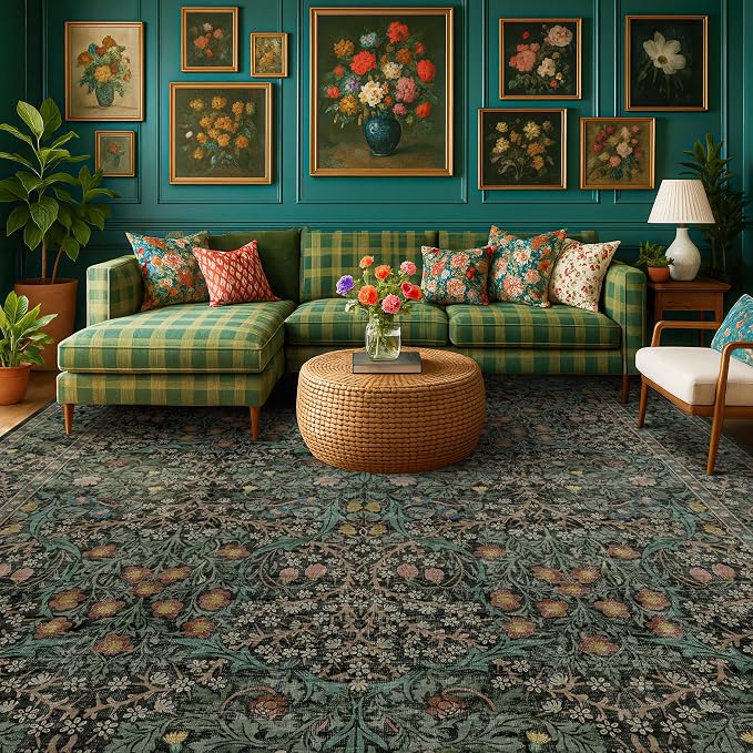 Washable Dark Green 10x12 Rug for Living Room