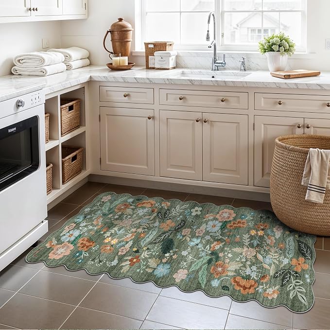 2x5 Washable Kitchen Area Rug: Floral Scalloped Entryway Runner Farmhouse