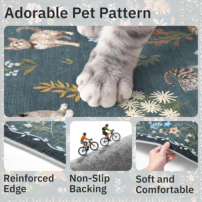 Soalmost Cat 3x5 Area Rugs for Entryway, Machine Washable Animal Floral Accent
