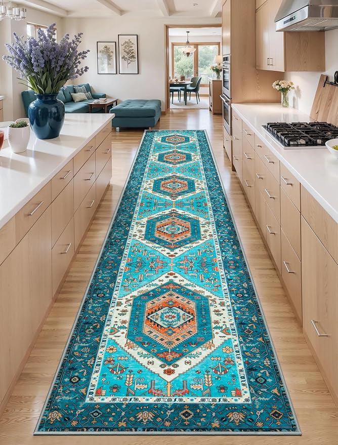 SERISSA Runner Rug for Hallways, Extra Long Boho Rug Ultra Soft Vintage Blue
