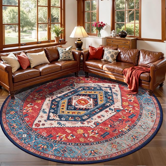 SERISSA Boho Round Area Rug, 8ft Washable Non-Slip Circle Rug, Ultra Soft Large