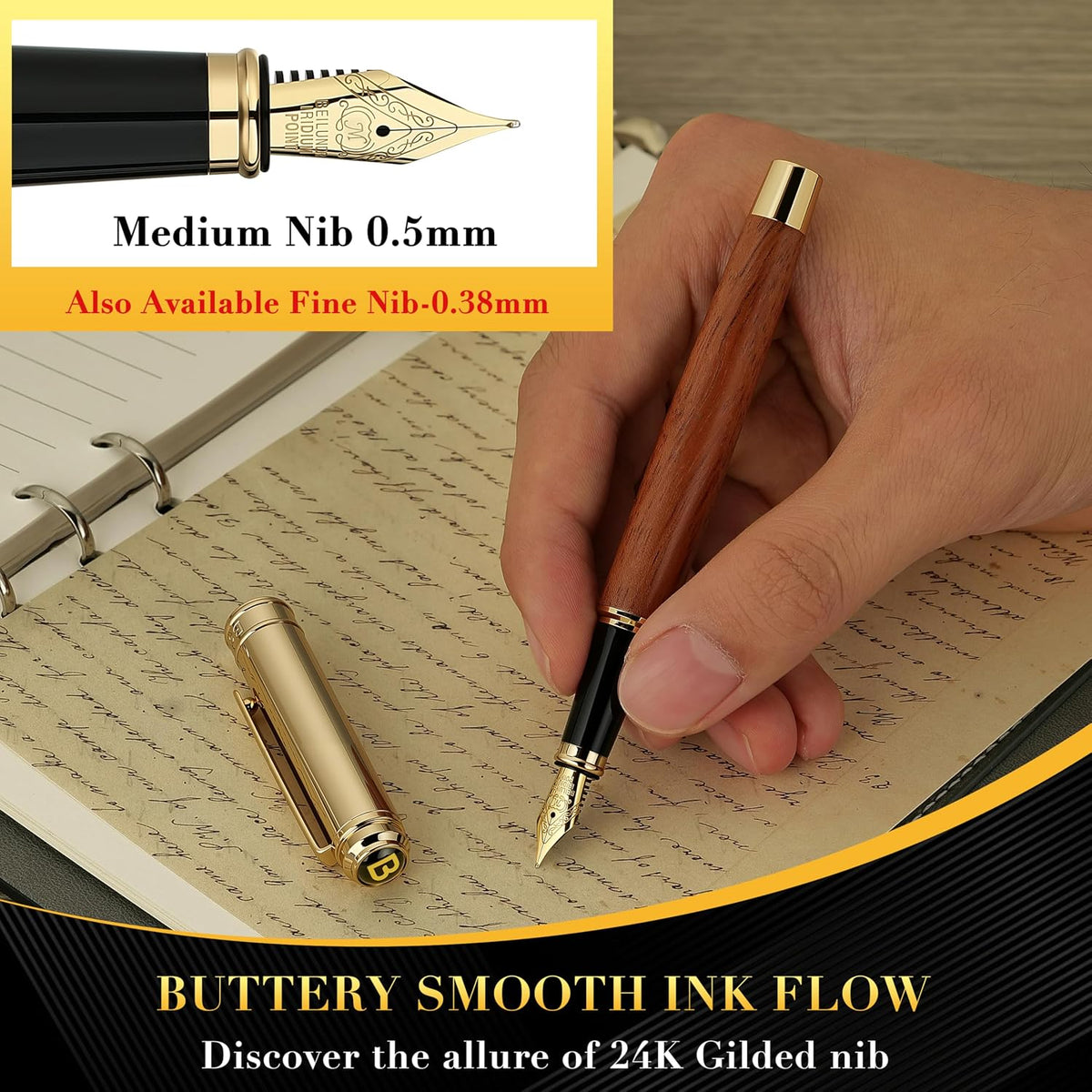 BEILUNER 316 Fountain Pen,Stunning Luxury,24K Gilded Nib(Medium)-Rosewood