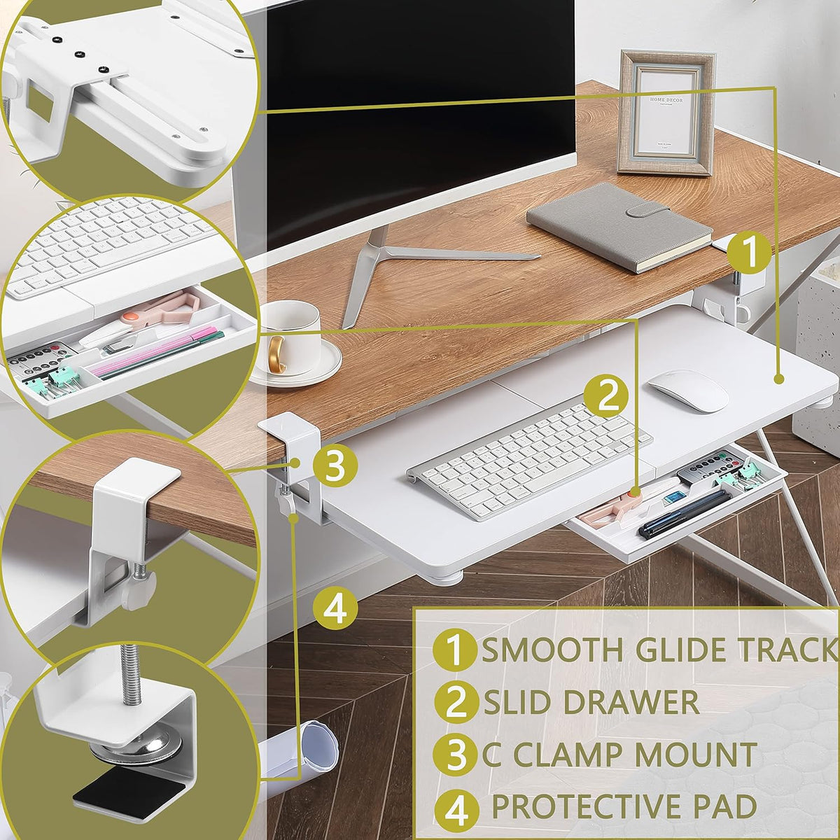 ETHU Small Keyboard Tray Under Desk with C-Clamp, 19.7x11.81", White