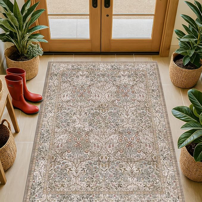 Vintage Moss Green Entryway Rug, 3x4 Washable Area Rugs