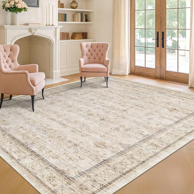 Washable Ivory 6x9 Living Room Rug, Non Slip Dinning Rugs