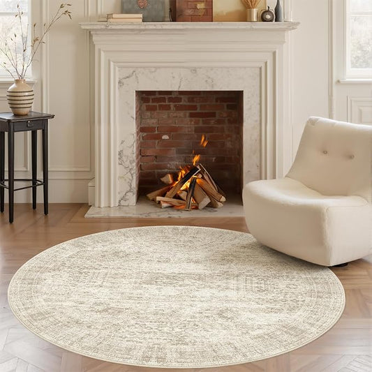 Soalmost 5x5 Beige Round Rug 5ft Living Room Circle Rug Vintage Round Area Rug