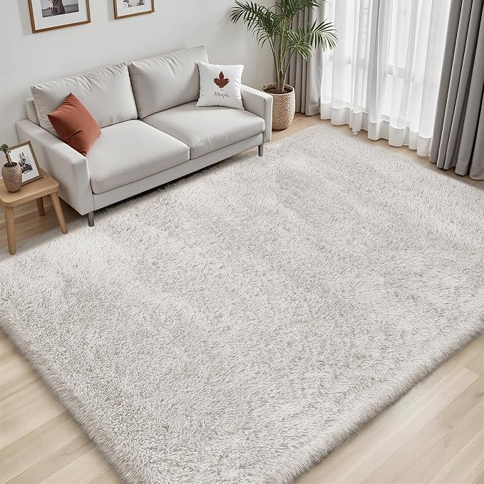 Area Rug for Living Room Bedroom: 4x6 White Soft Fluffy Shag Upgrade Non-Slip